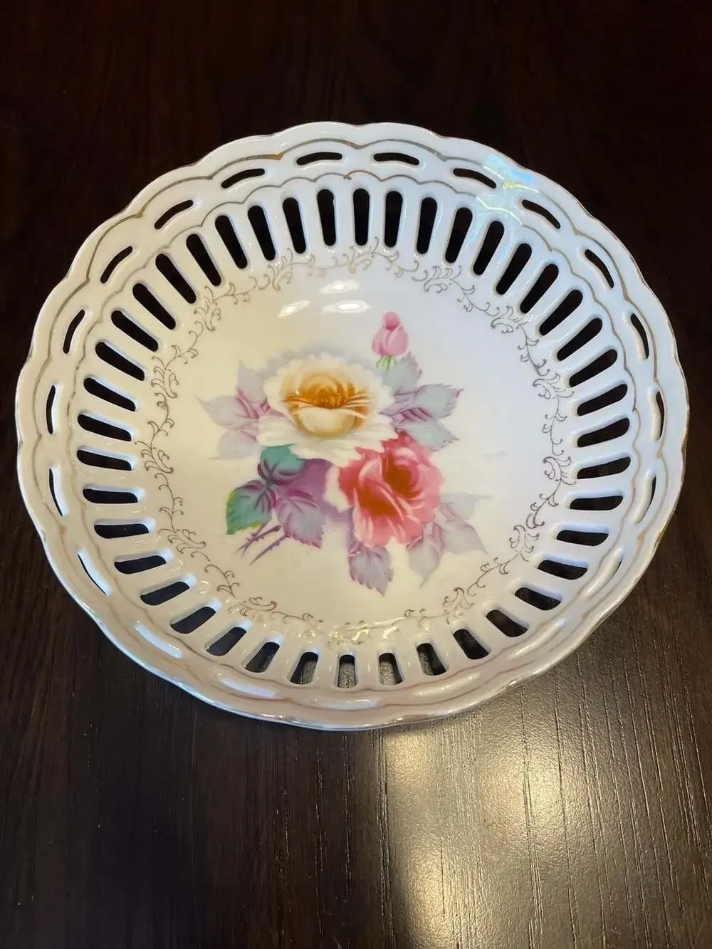 Vintage Hand-Painted Floral Reticulated Porcelain Bowl, Made in Japan